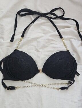 Lipservice Japan Gyaru Black Lace Gold Rhinestone Chain Halter Bra Top